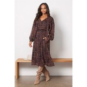 Evereve Eliza Dress Tie Neck Paisley Print Pockets Chiffon Brown Midi Size L